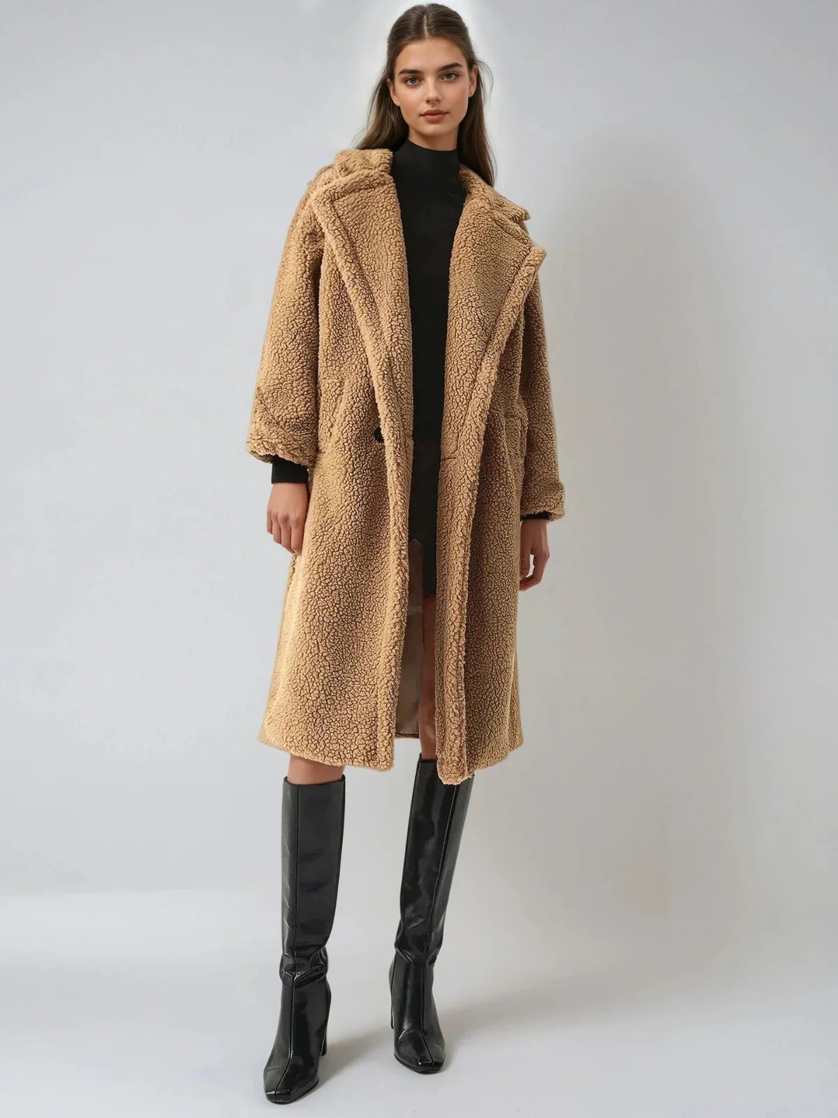 Terracotta Double Pockets Flurry Longline Fleece Jacket - LA FEMME WANDERER