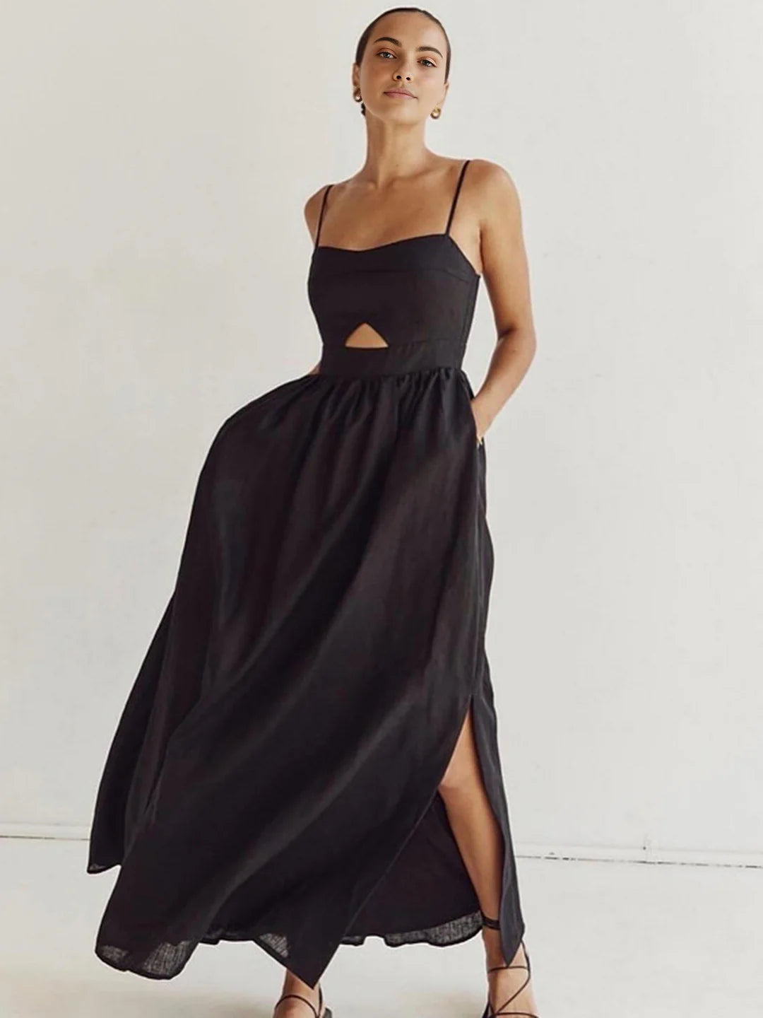 Cotton Sleeveless Pockets Cutout Long Dress - LA FEMME WANDERER