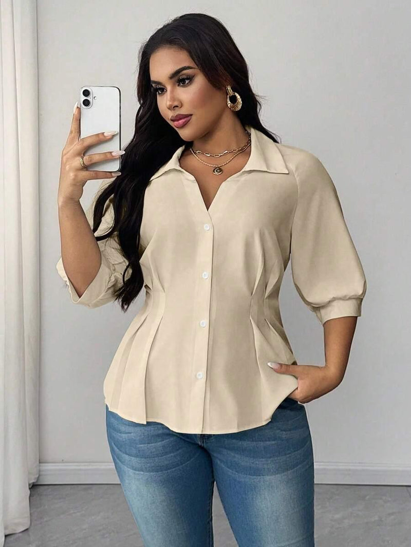 Plus Size Collared Blouse With Ruched Waist Elegant Fit