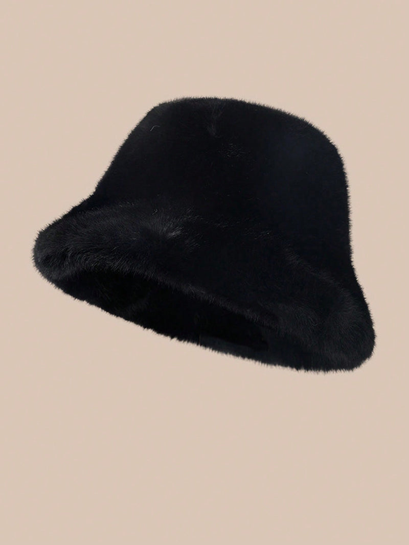 Plush Autumn Windproof Bucket Hat For Women Solid Color Casual Polyester Warm Winter Cap
