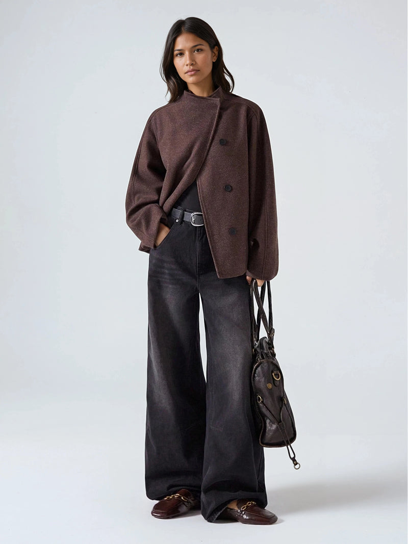 Minimalist Wool Blend Jacket Double Breasted With Pockets