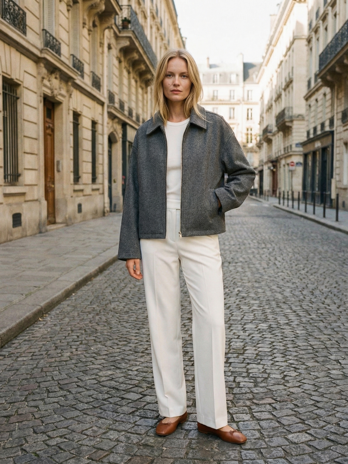 Jesienna minimalistyczna kurtka z mieszanki wełny z zamkiem błyskawicznym i klapami