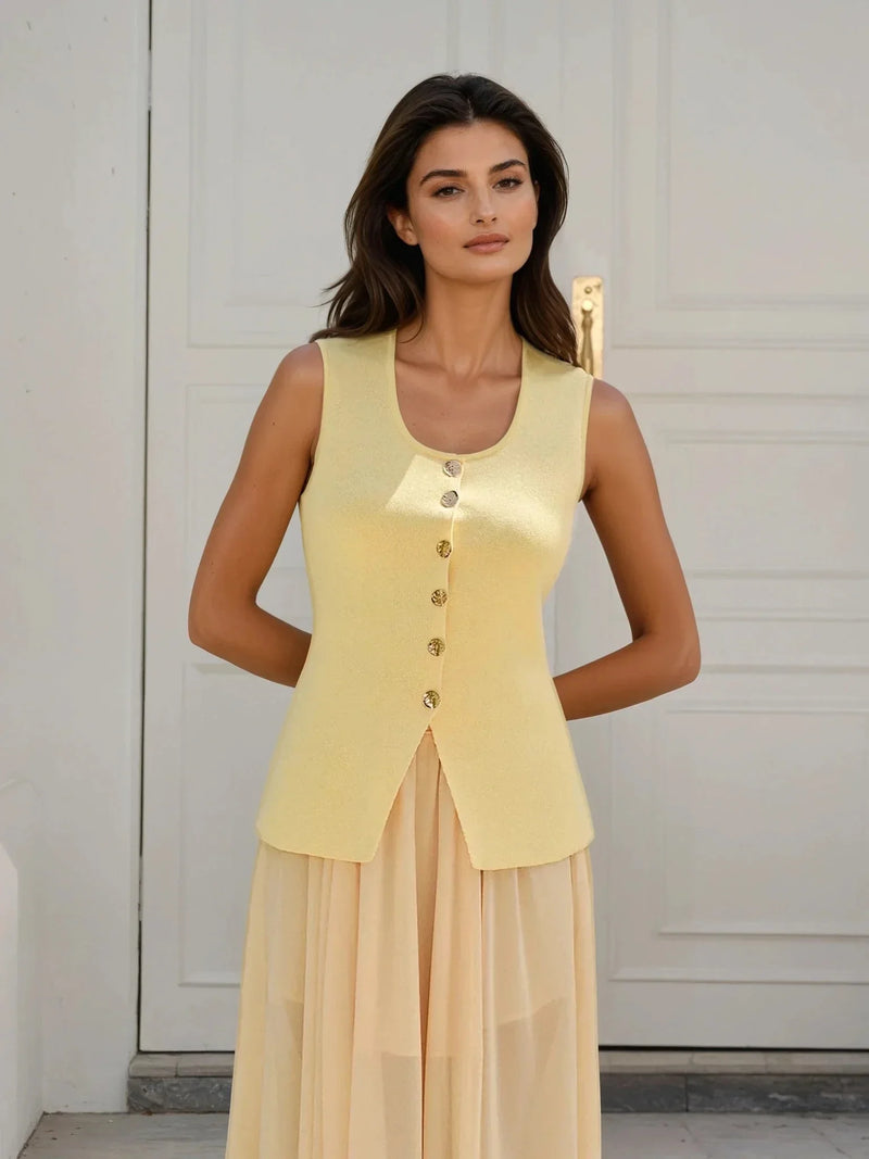 Top bez rękawów z kwadratowym dekoltem i guzikami oraz rozcięciem u dołu