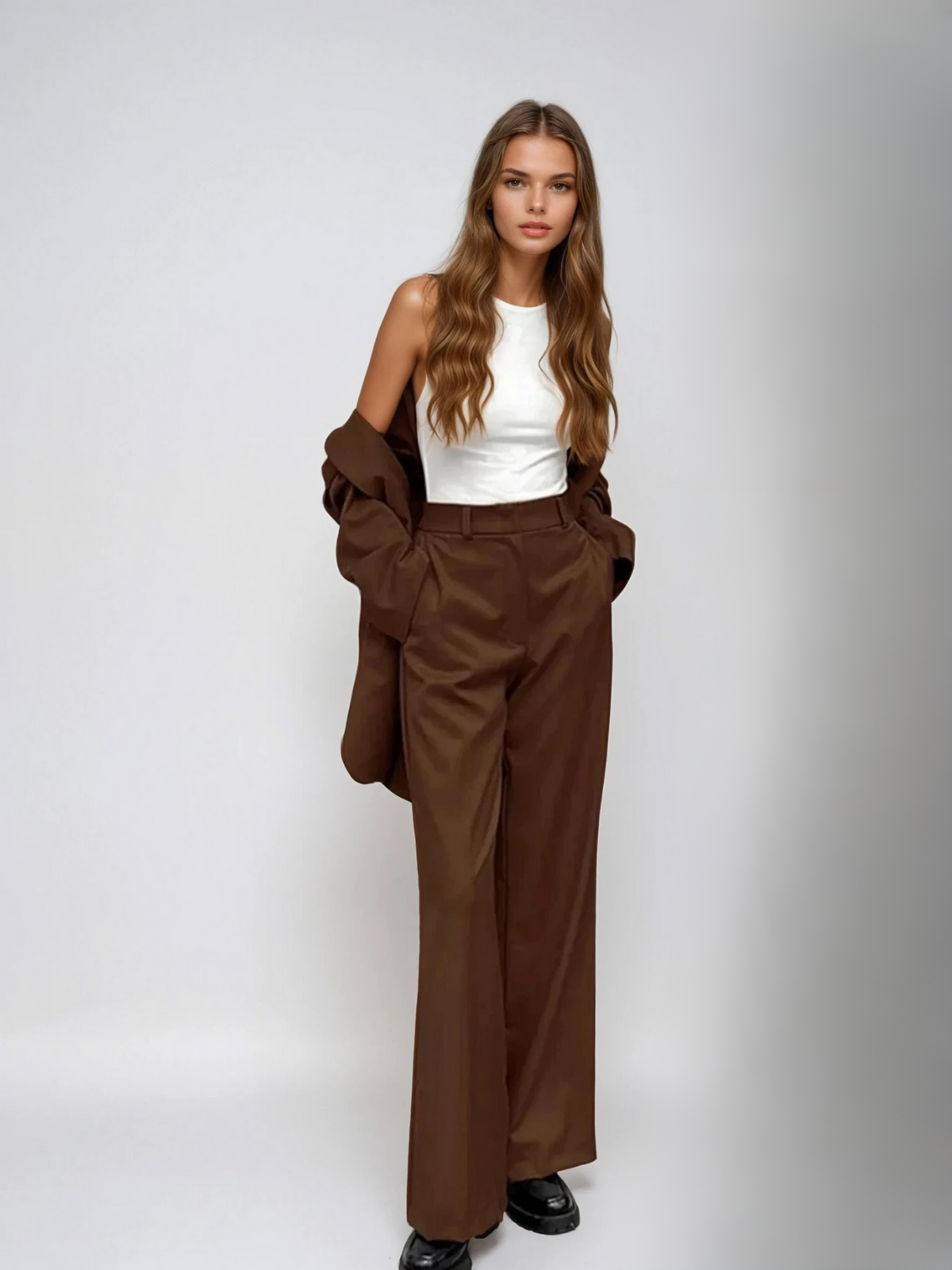 Mocha Vintage Blazer & Wide-leg Pants Matching Set - LA FEMME WANDERER