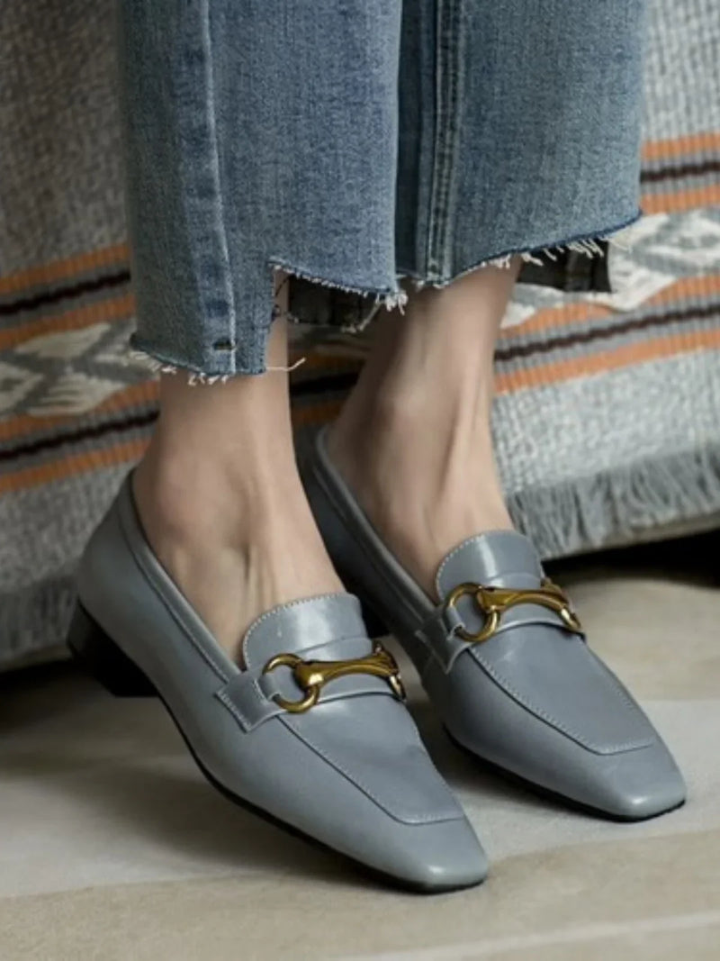 Leather Flat Shoes With Low Heel Metal Accent Square Toe