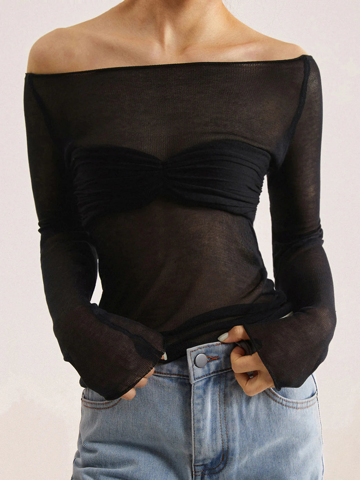 Nostalgia Off-Shoulder Mesh Long Sleeve Shirt - LA FEMME WANDERER