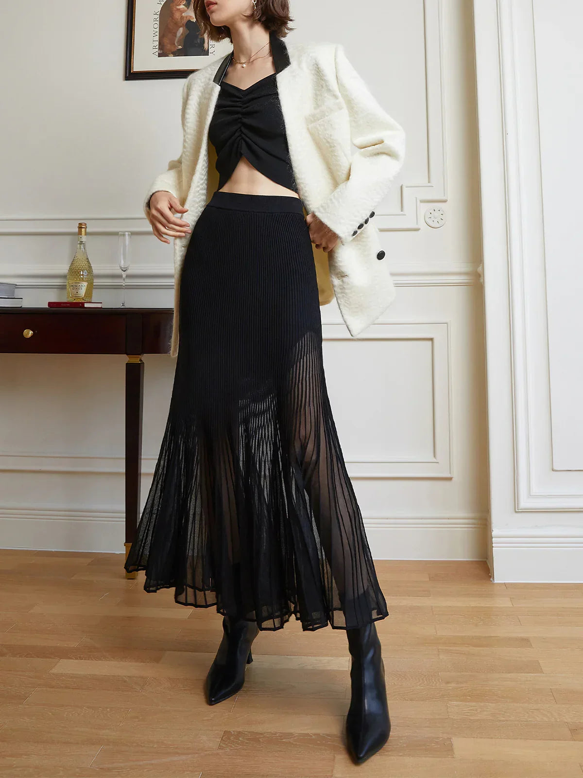 Knit Pleated Semi-sheer Maxi Skirt - LA FEMME WANDERER