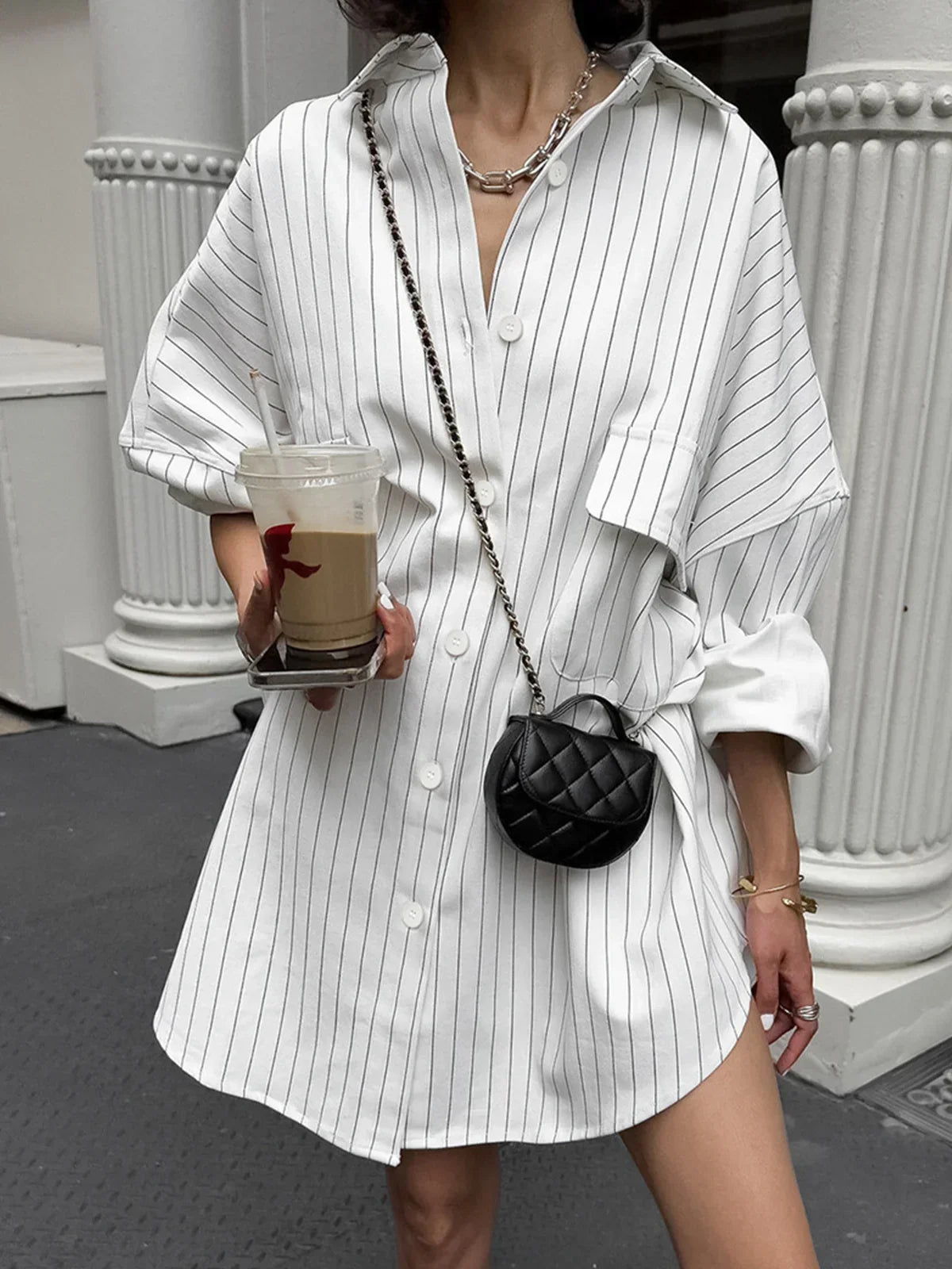 Striped Large Pockets Long Sleeve Shirt - LA FEMME WANDERER