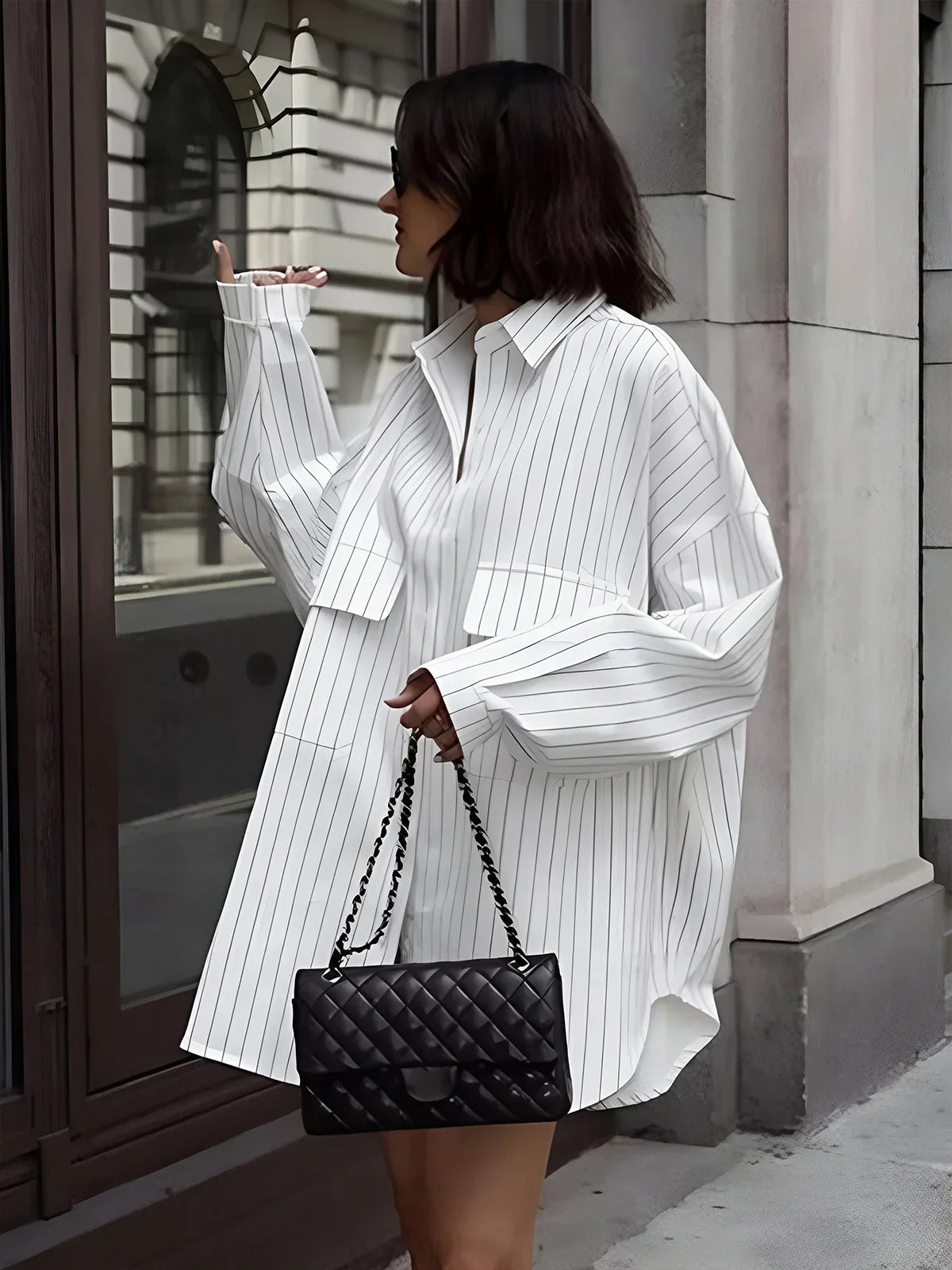 Striped Large Pockets Long Sleeve Shirt - LA FEMME WANDERER