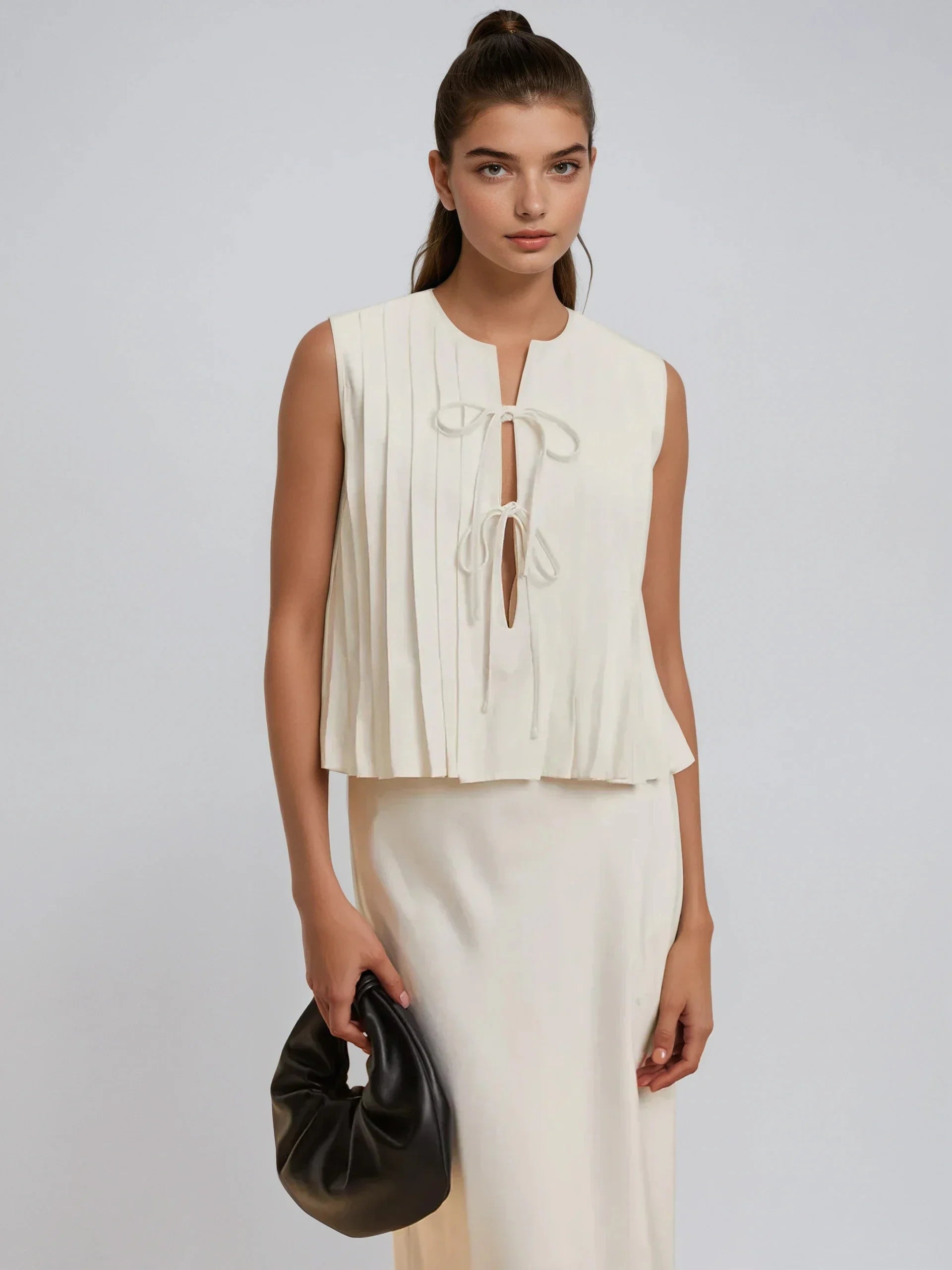 Pleated Knotted Sleeveless Blouse - LA FEMME WANDERER