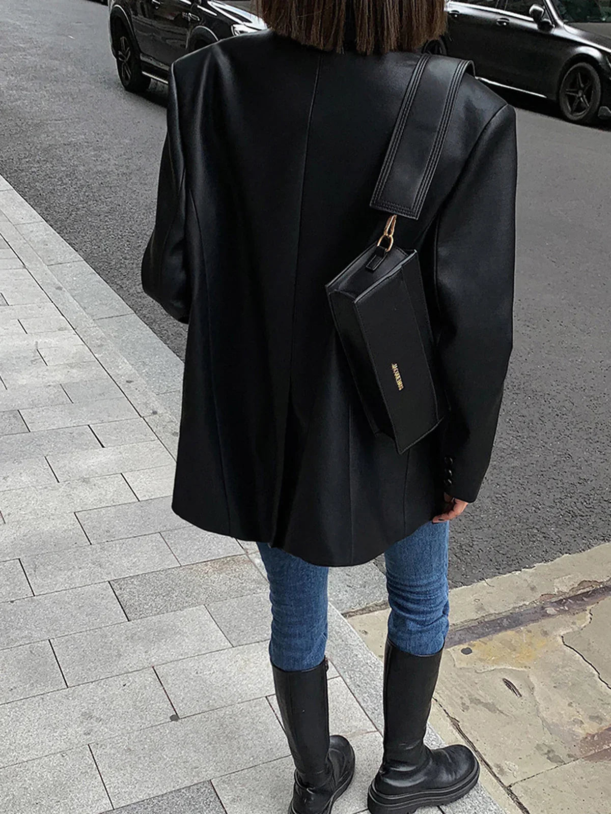 Lapel Pockets Leather Blazer - LA FEMME WANDERER