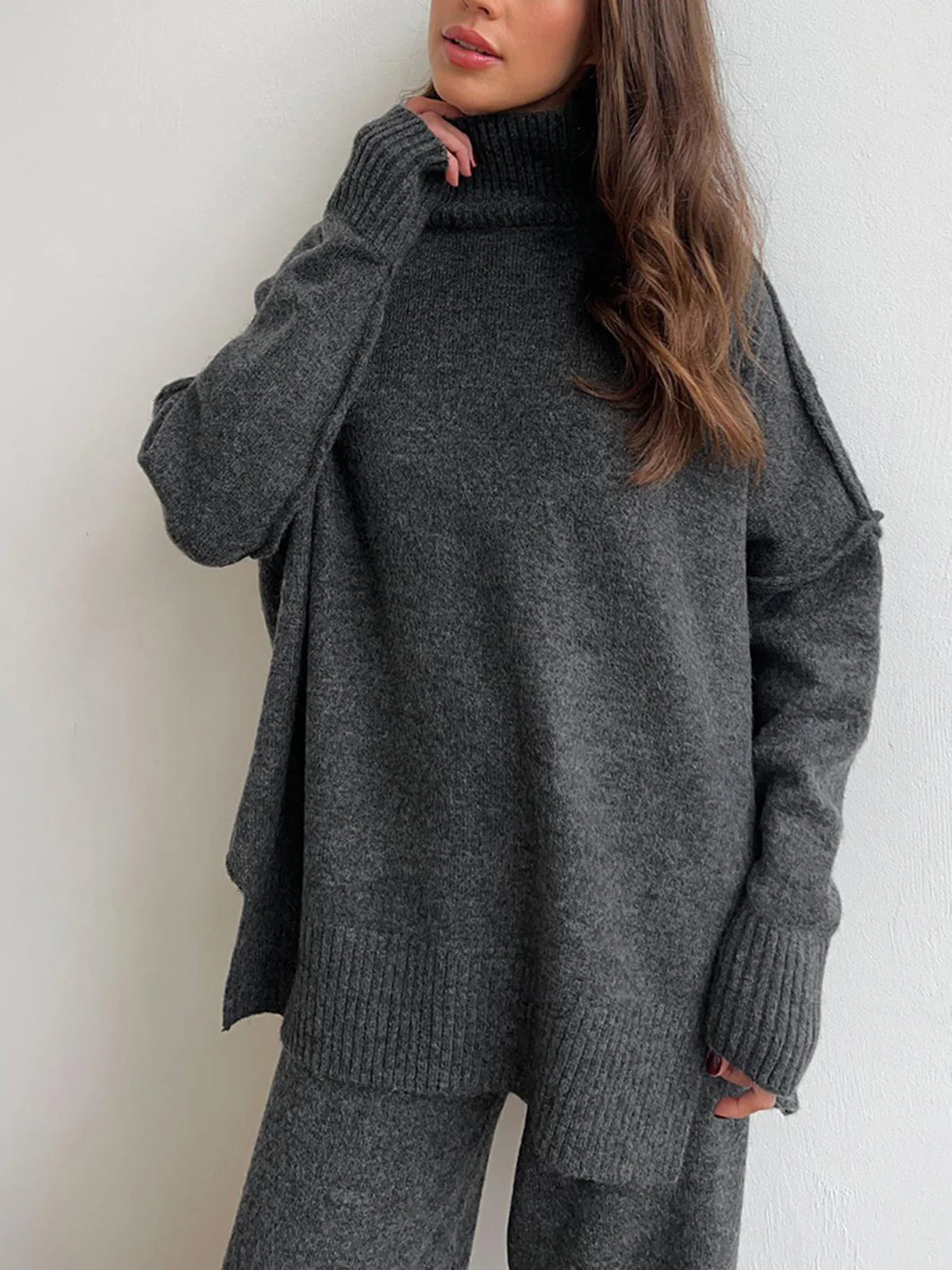 Plain Turtleneck Knit and Pants Set - LA FEMME WANDERER