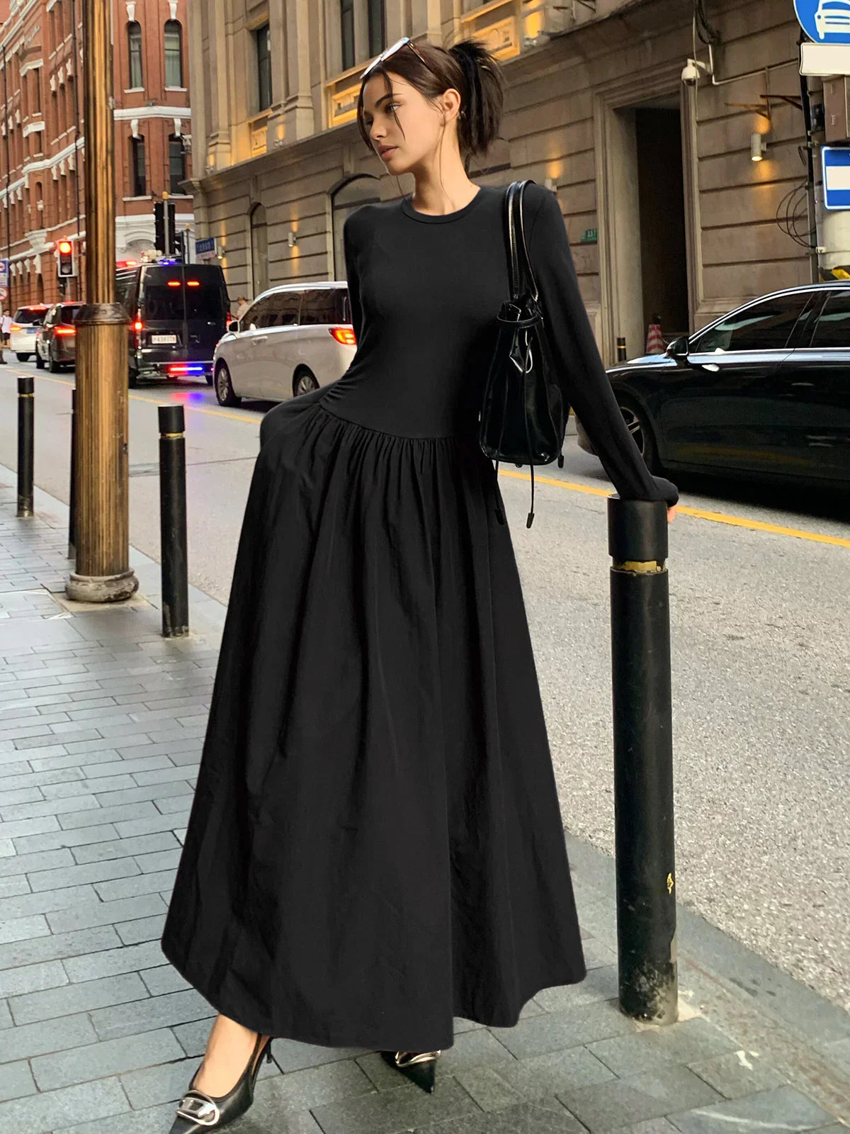 Plain Long Sleeve Pleated Dress - LA FEMME WANDERER