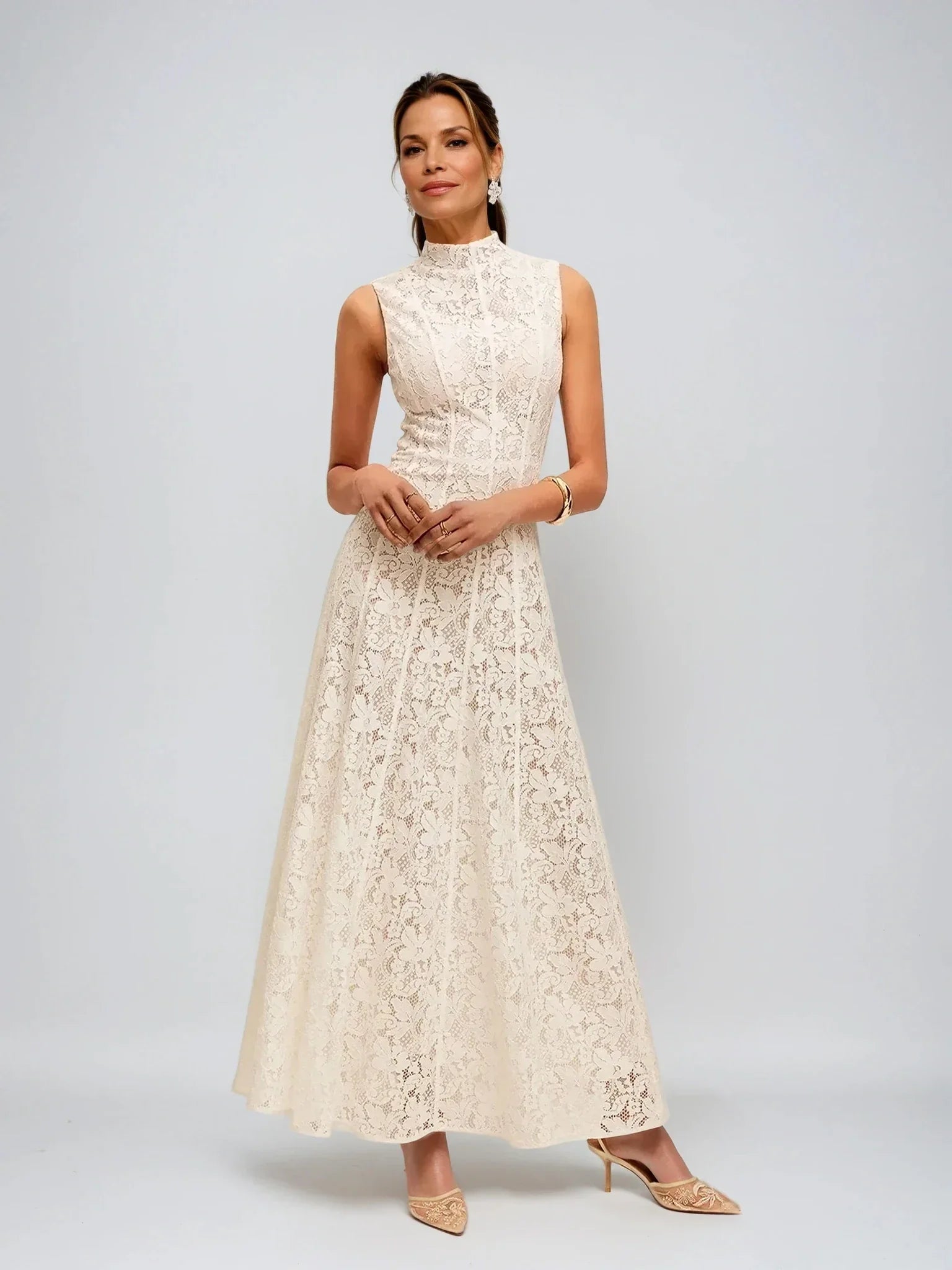 Half Turtleneck Sleeveless Semi-Sheer Lace Dress - LA FEMME WANDERER