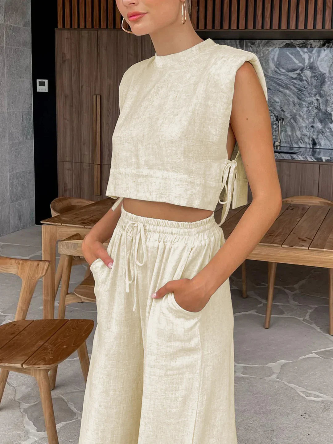 Always Chic Linen Two Piece Wide Leg Pants Set - LA FEMME WANDERER