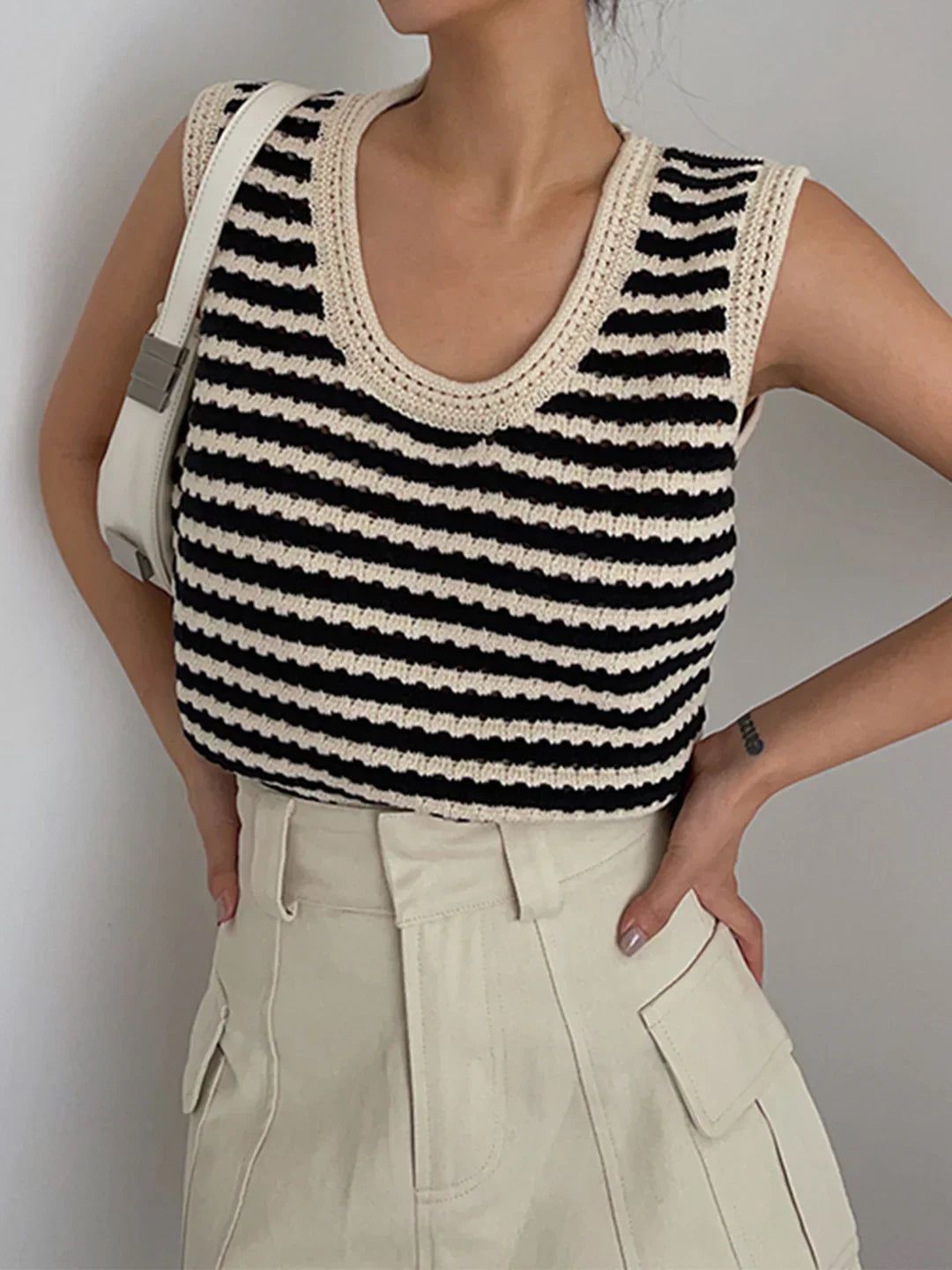 Classy Stripe Crochet Sweater Vest - LA FEMME WANDERER