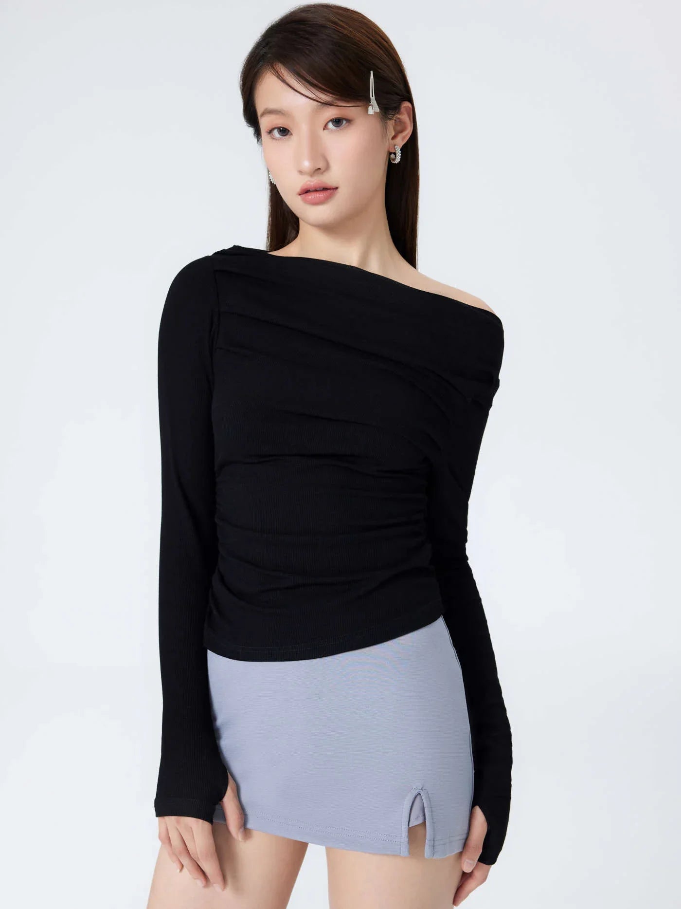 Solid Asymmetrical Neck Long Sleeve Top - LA FEMME WANDERER