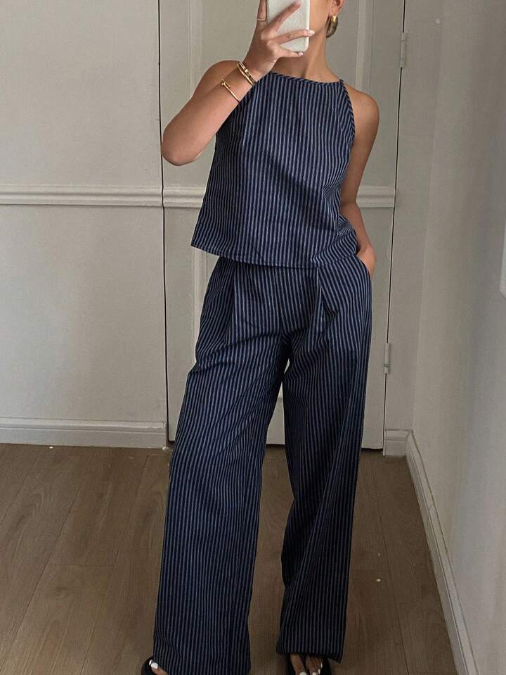 Casual & Chic Navy Blue Striped Matching Set