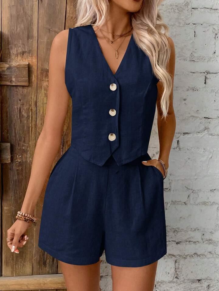 Linen Single-Breasted Button Vest And Shorts Set - LA FEMME WANDERER