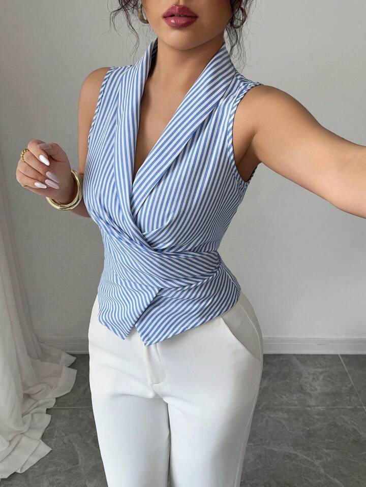 Structured Sleeveless Pinstripe Top with Elegant Wrap Waist Detail