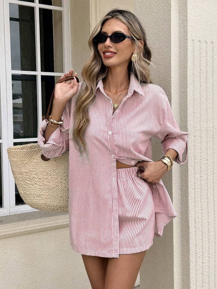 Hamptons Stripe Shirt & Skort Set – Relaxed Button-Up Co-Ord for Effortless Coastal Chic