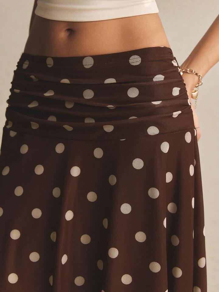 Brown Polka Dot Mesh Skirt – Chic High Waist Asymmetric Hem Skirt