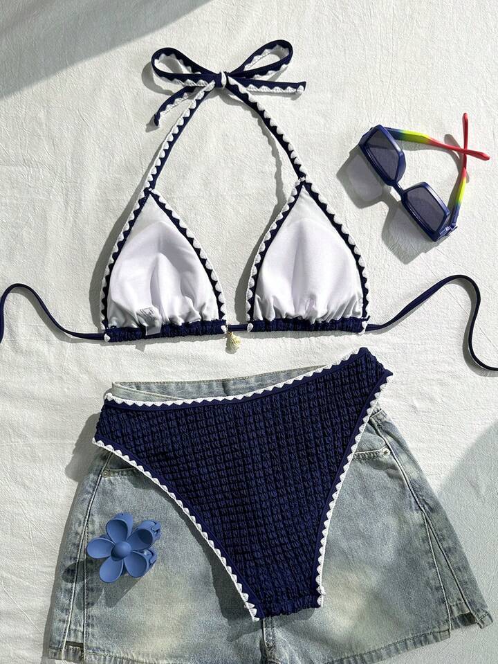 Navy Blue Triangle Bikini – Elegant Beach Vacation Swimsuit
