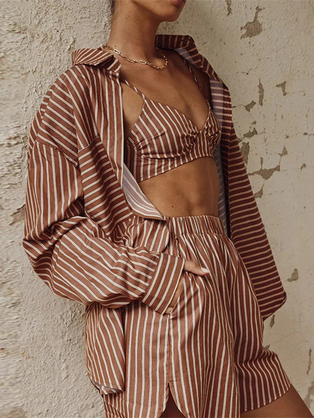 Single-breasted Long Sleeve Lapel Stripe Three Piece Shorts Set - LA FEMME WANDERER