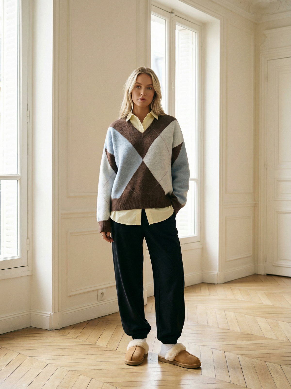 Sweter z dzianiny Diamond Grid Colorblock