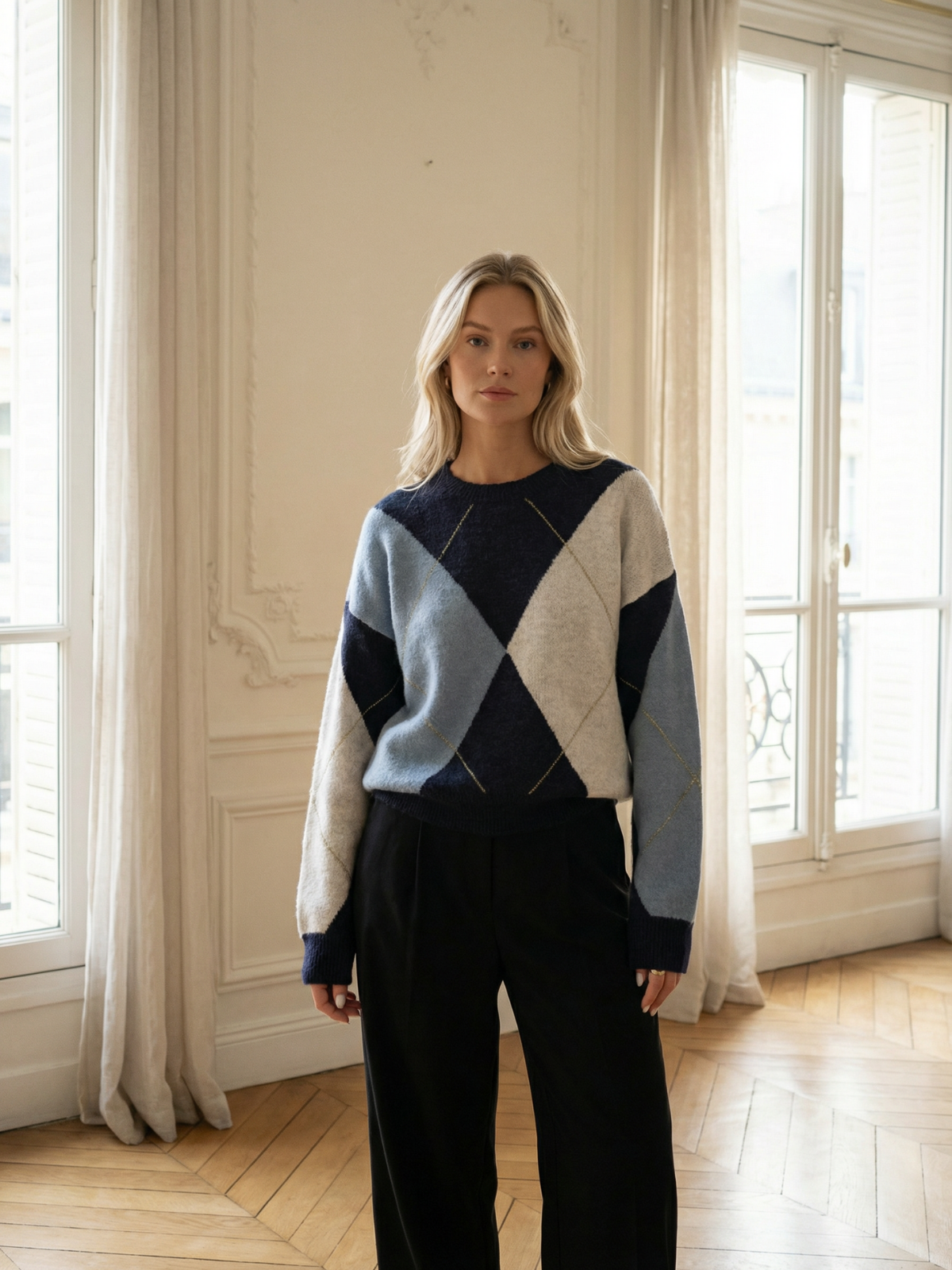 Sweter z dzianiny Diamond Grid Colorblock