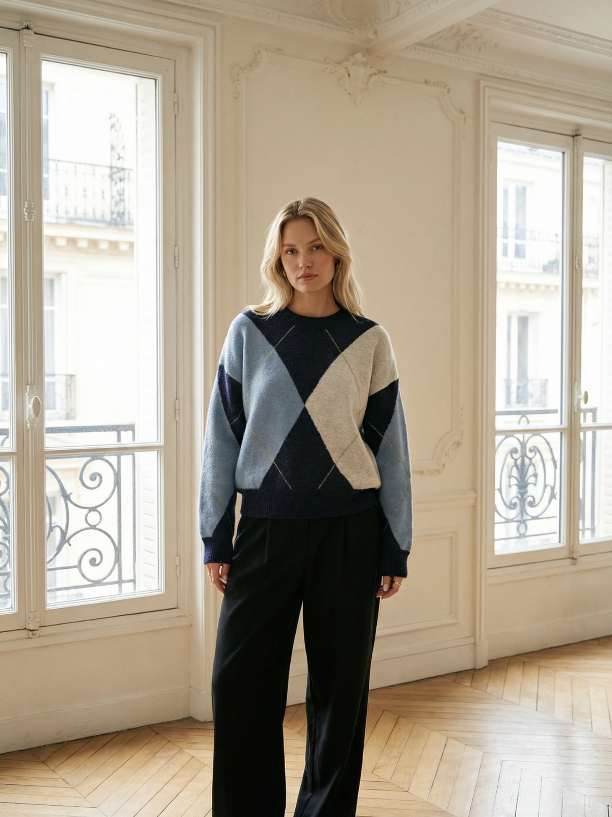 Sweter z dzianiny Diamond Grid Colorblock