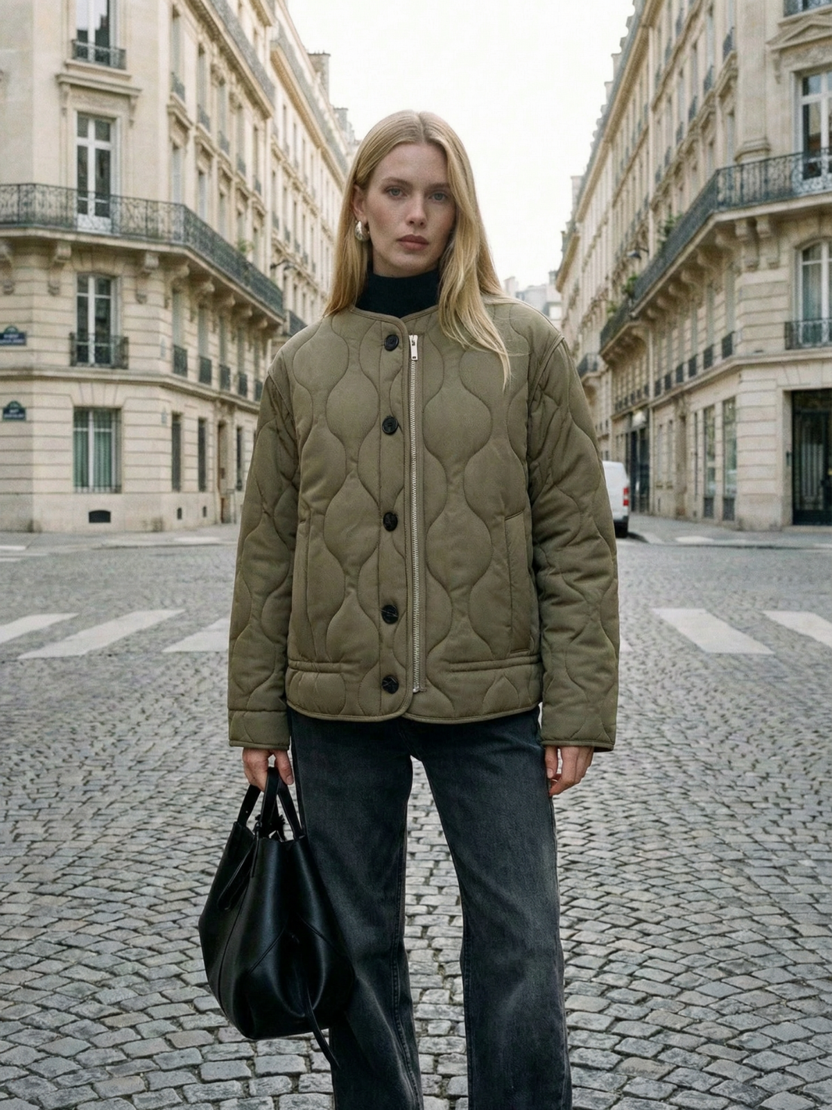 Pikowana kurtka z kieszeniami i zamkiem błyskawicznym z przodu