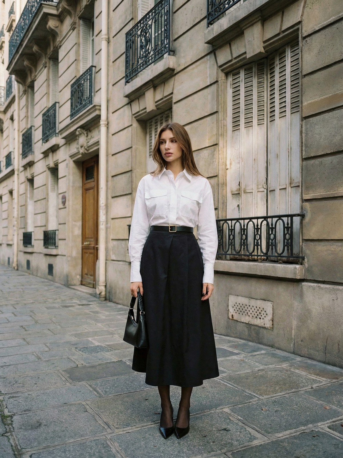 Czarna spódnica maxi z kieszeniami z przodu i guzikami do biura. Elegancki strój biznesowy na jesień dla kobiet.