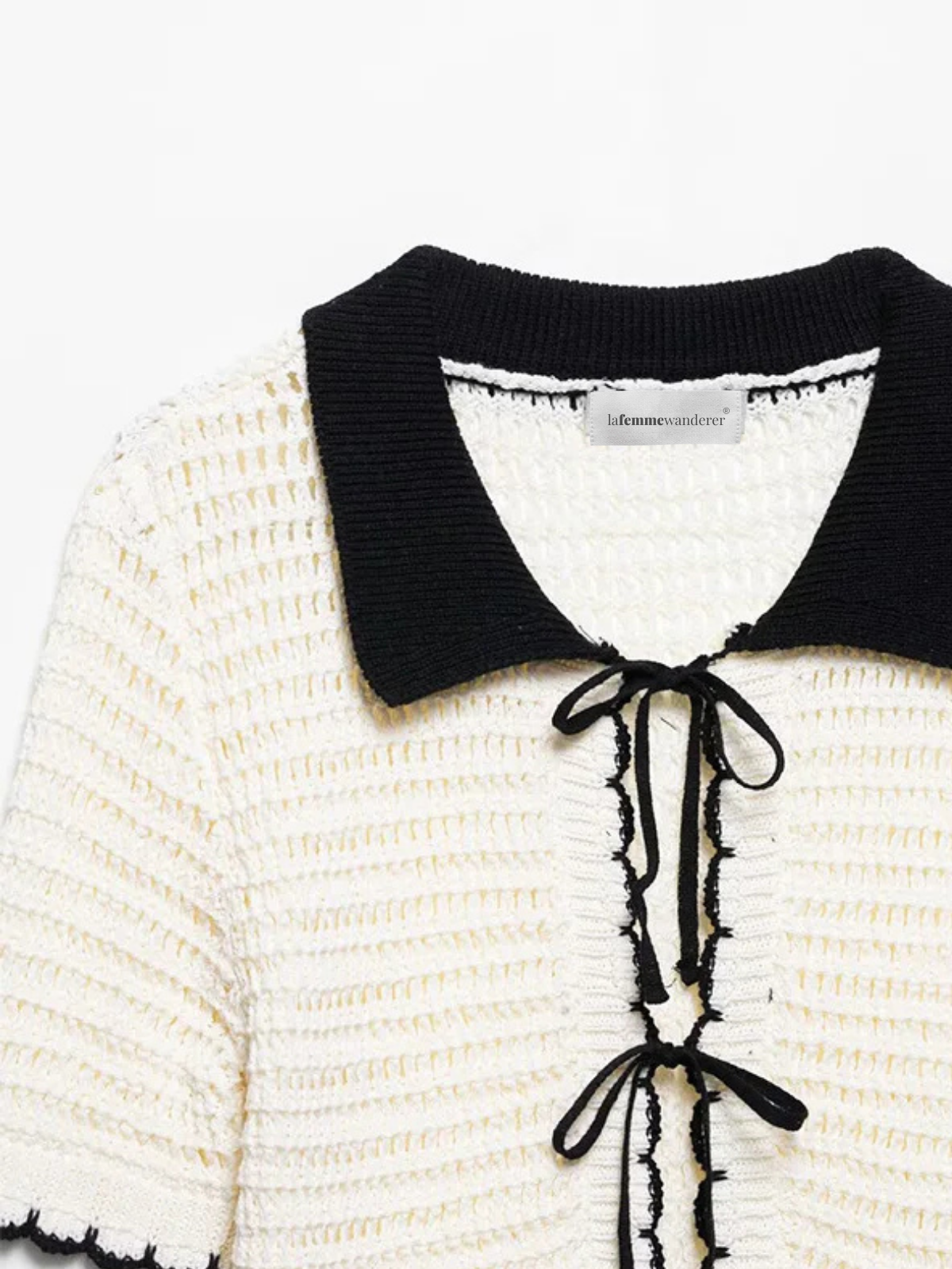 Beige Bow Lace Up Knit Sweater With Lapel Neck