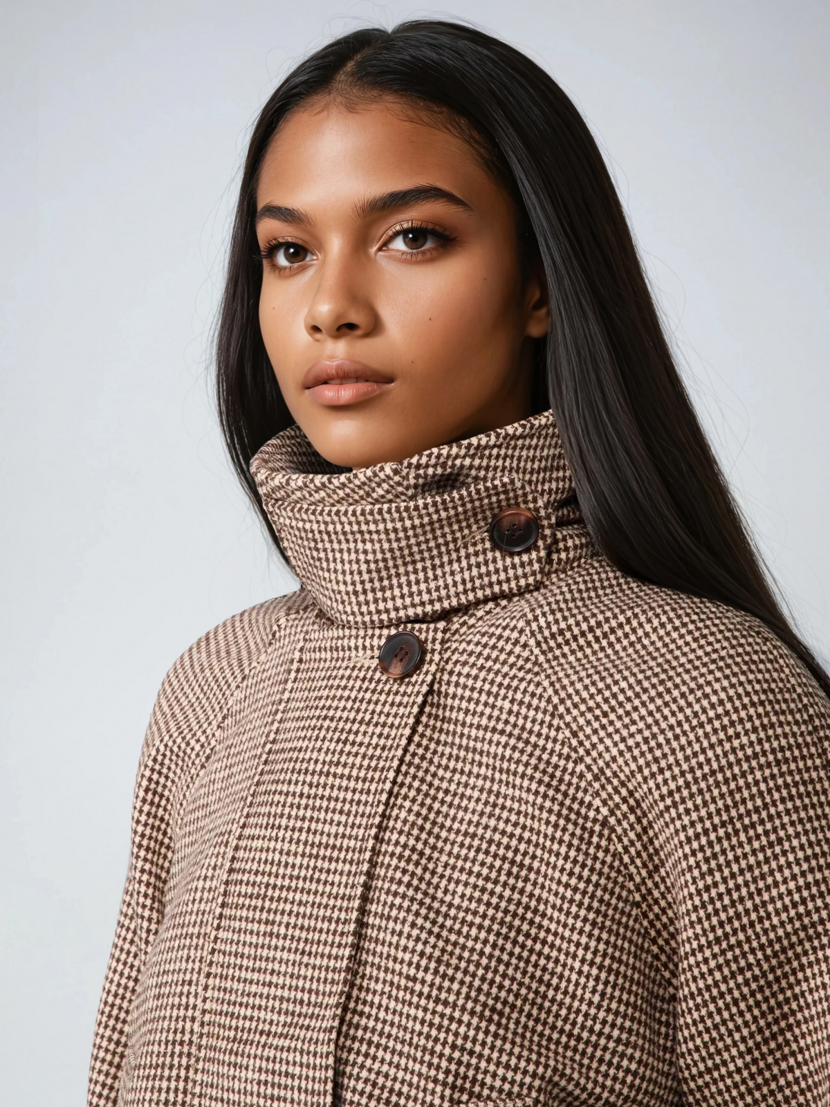 Kurtka pikowana w pepitkę z wysokim kołnierzem i obszernym płaszczem na zimne dni