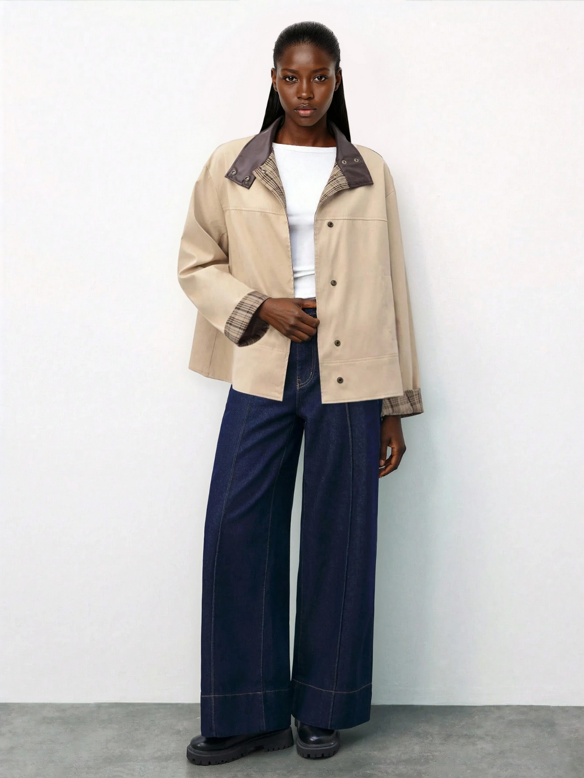 Brązowa marynarka w kratę z rękawami w stylu patchworku i skórzanym kołnierzem dla kobiet, zimowa, codzienna odzież