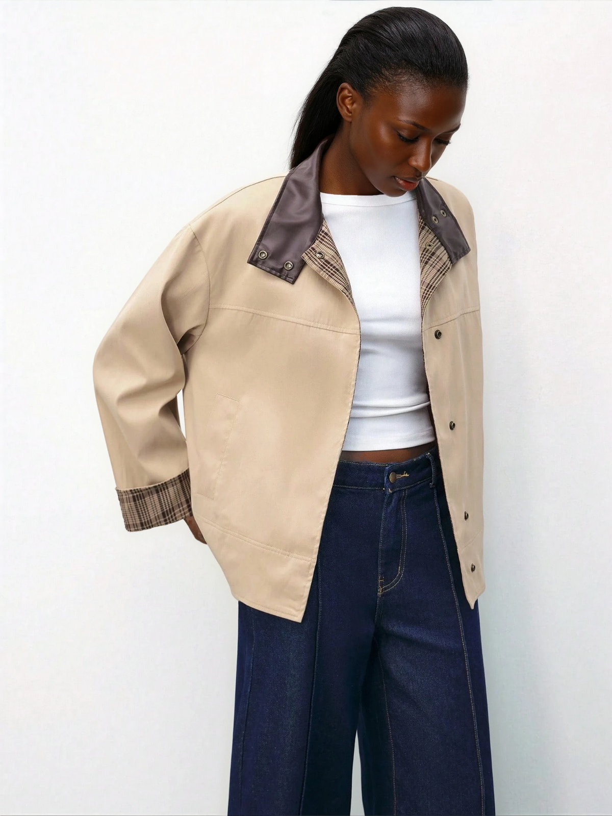 Brązowa marynarka w kratę z rękawami w stylu patchworku i skórzanym kołnierzem dla kobiet, zimowa, codzienna odzież