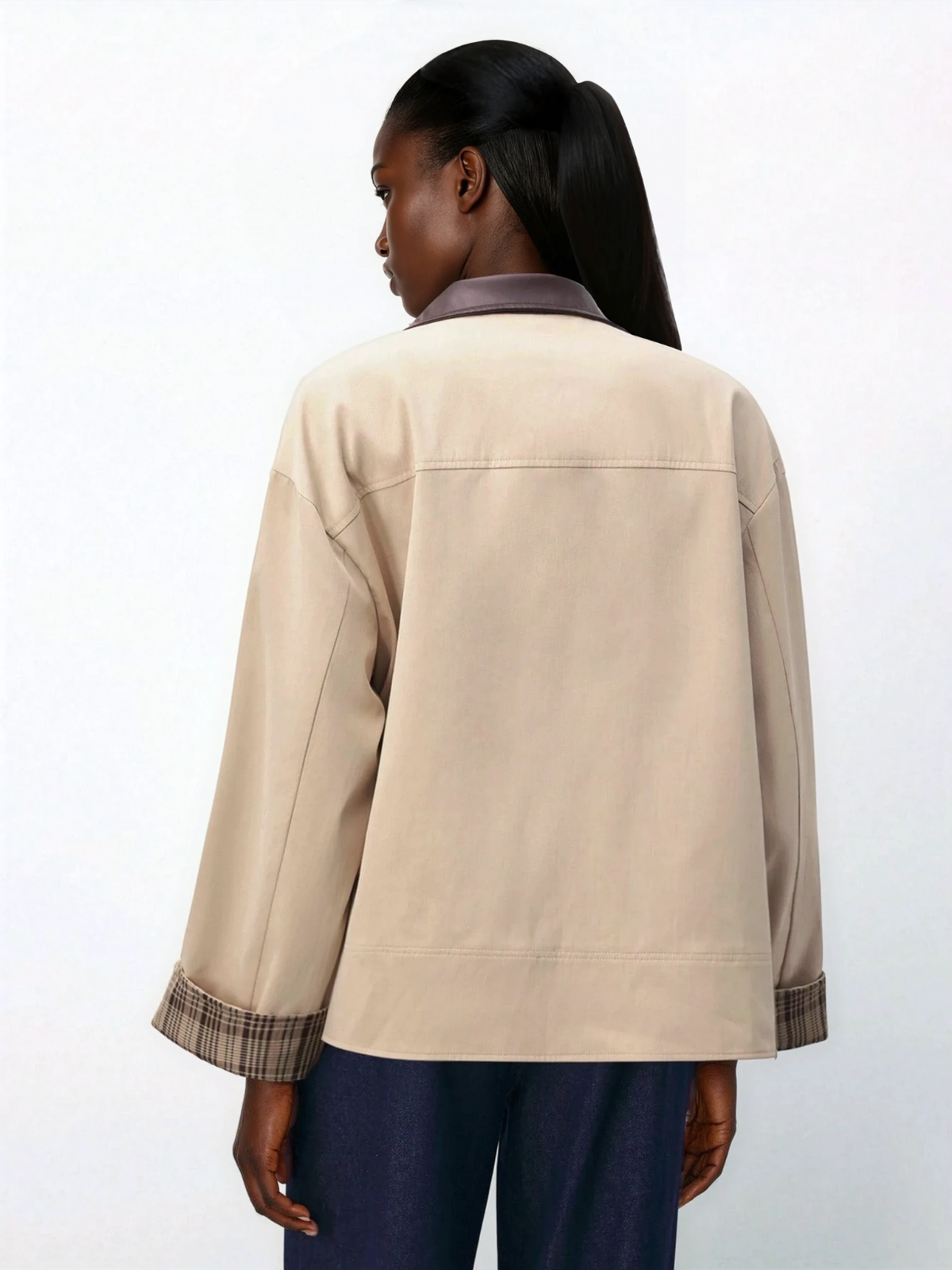 Brązowa marynarka w kratę z rękawami w stylu patchworku i skórzanym kołnierzem dla kobiet, zimowa, codzienna odzież