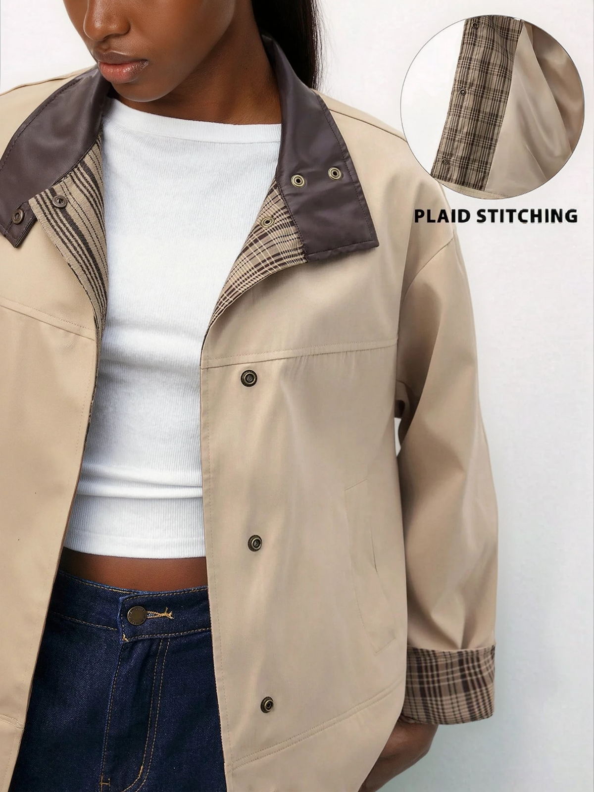 Brązowa marynarka w kratę z rękawami w stylu patchworku i skórzanym kołnierzem dla kobiet, zimowa, codzienna odzież