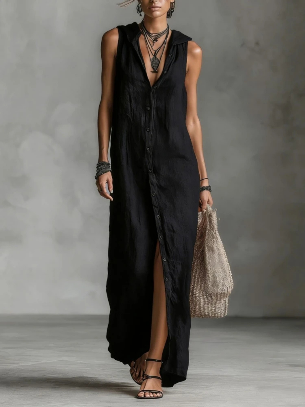 Coastal Style Maxi Dress – Casual Sleeveless Hooded Summer Dress