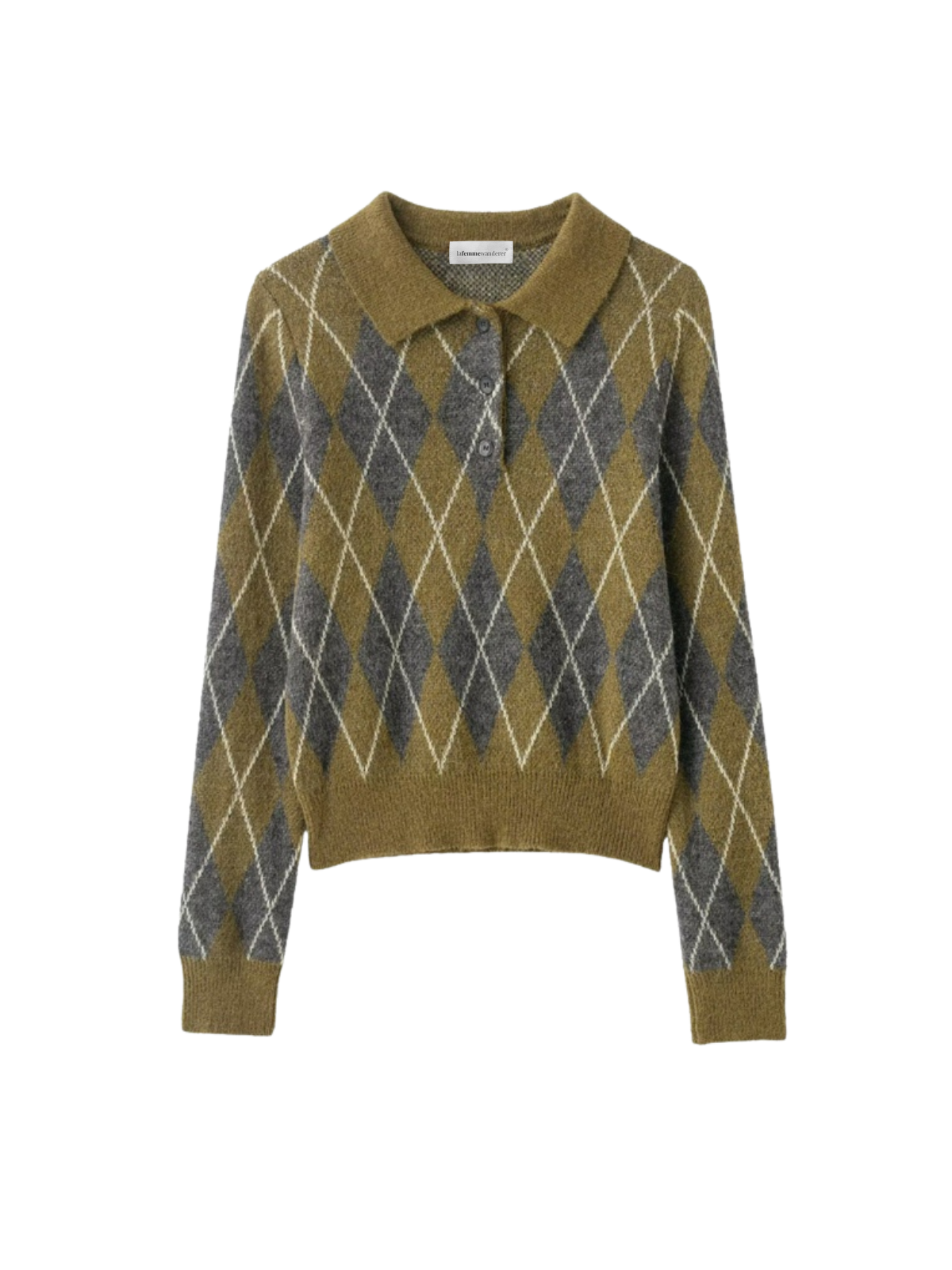 Diamond Patterned Knitted Sweater With Notched Lapel Buttoned Long Sleeves Elegant Style