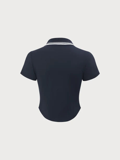 Navy Collar Short Sleeve Top - LA FEMME WANDERER