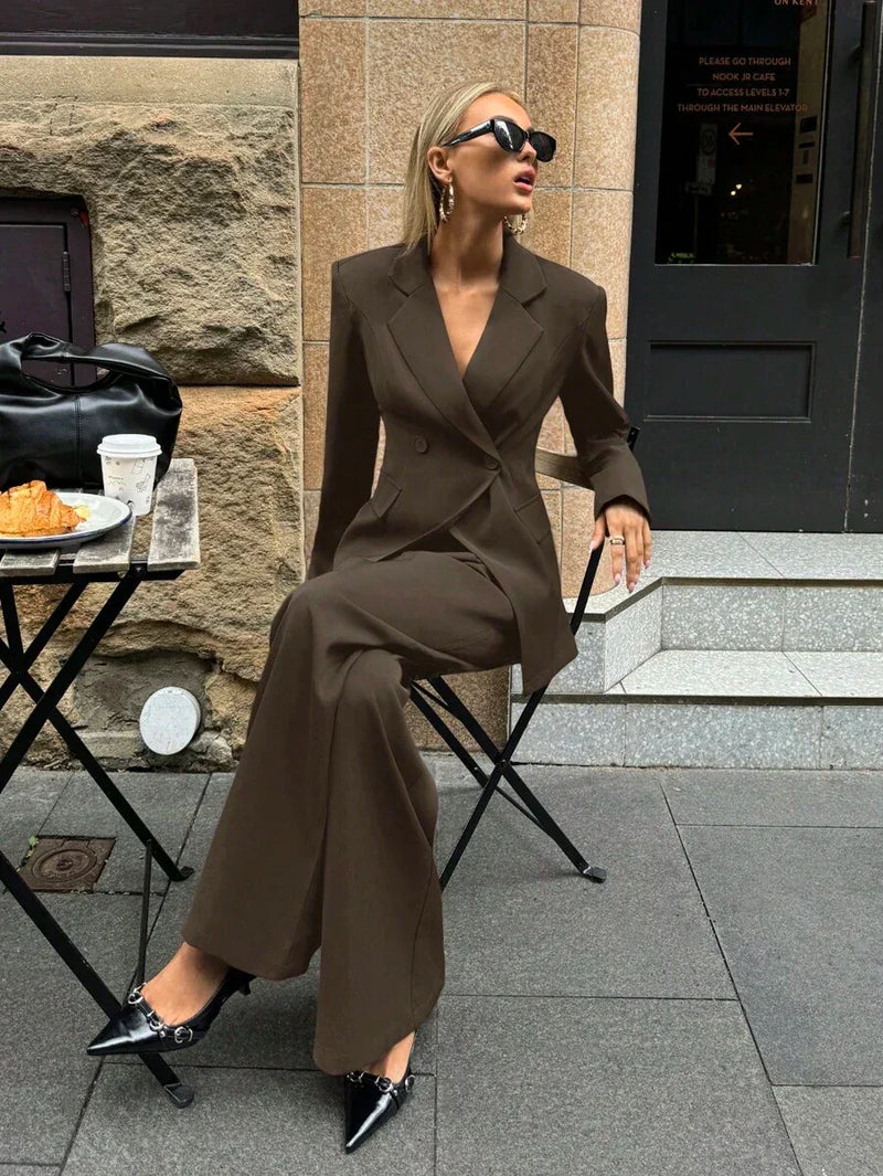 Notched Collar Jacket And Pants Office Suit Coffee Brown