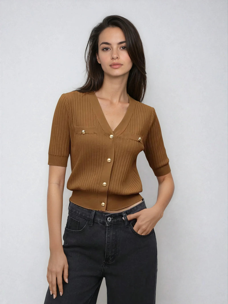 Chic V Neck Knit Sweater With Button Front Short Sleeve