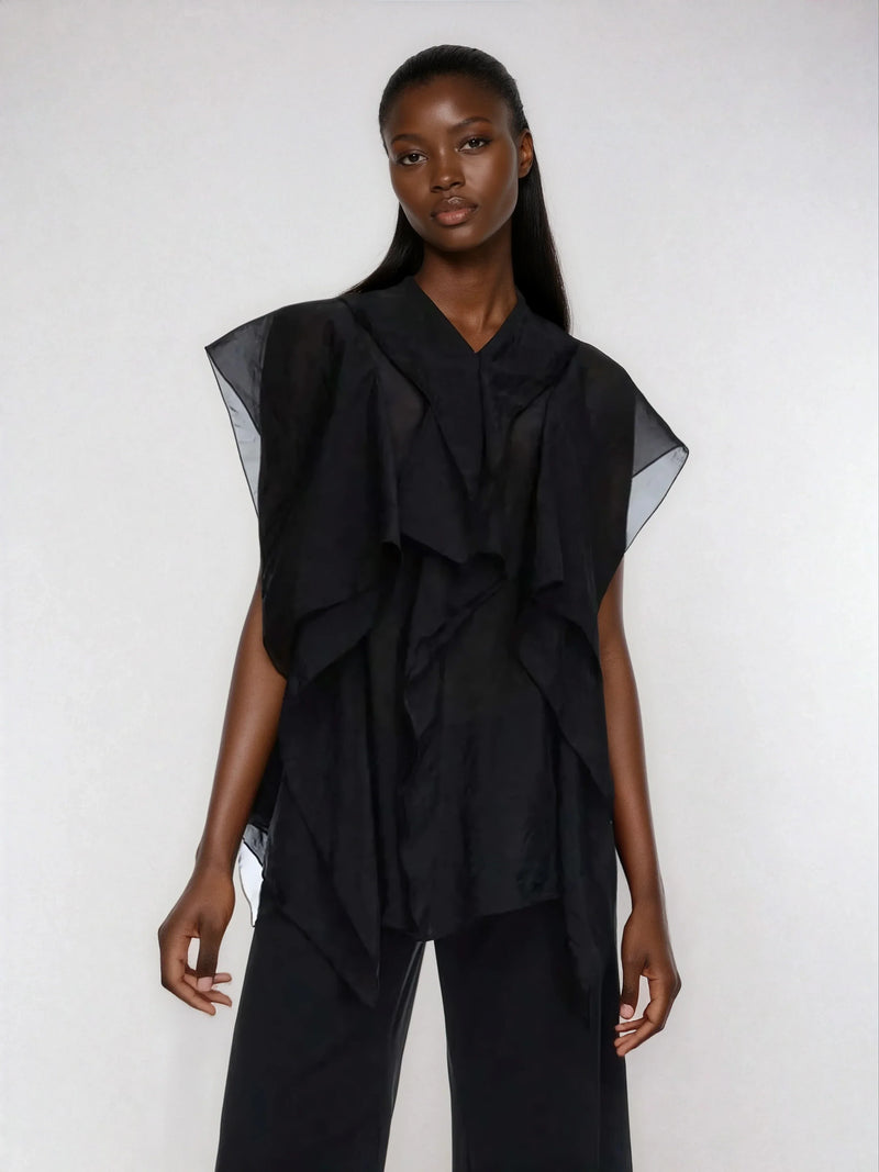 Bluzka z falbanką w stylu boho z siateczki, z guzikami z przodu, w swobodnym stylu