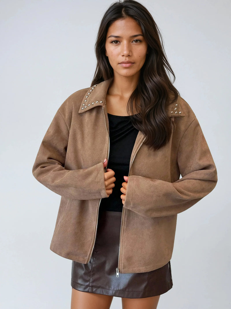 Beaded Collar Zip Front Jacket With Casual Loose Fit