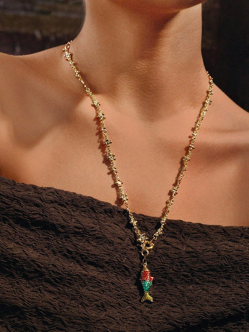 Colorful Rhinestone Fish Necklace Vintage Ocean Charm