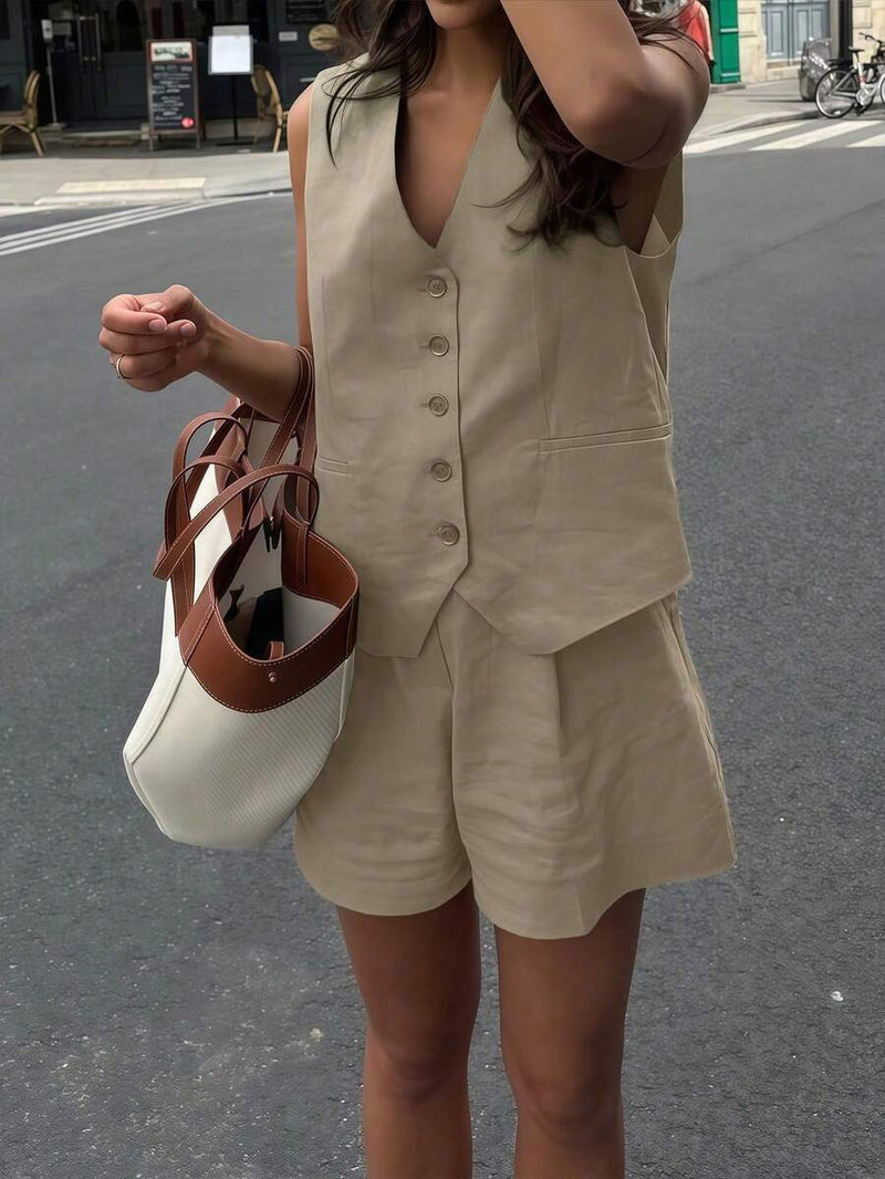 Women Casual 2 Piece Vest And Shorts Set Solid Color Khaki Beachwear Commuter Style