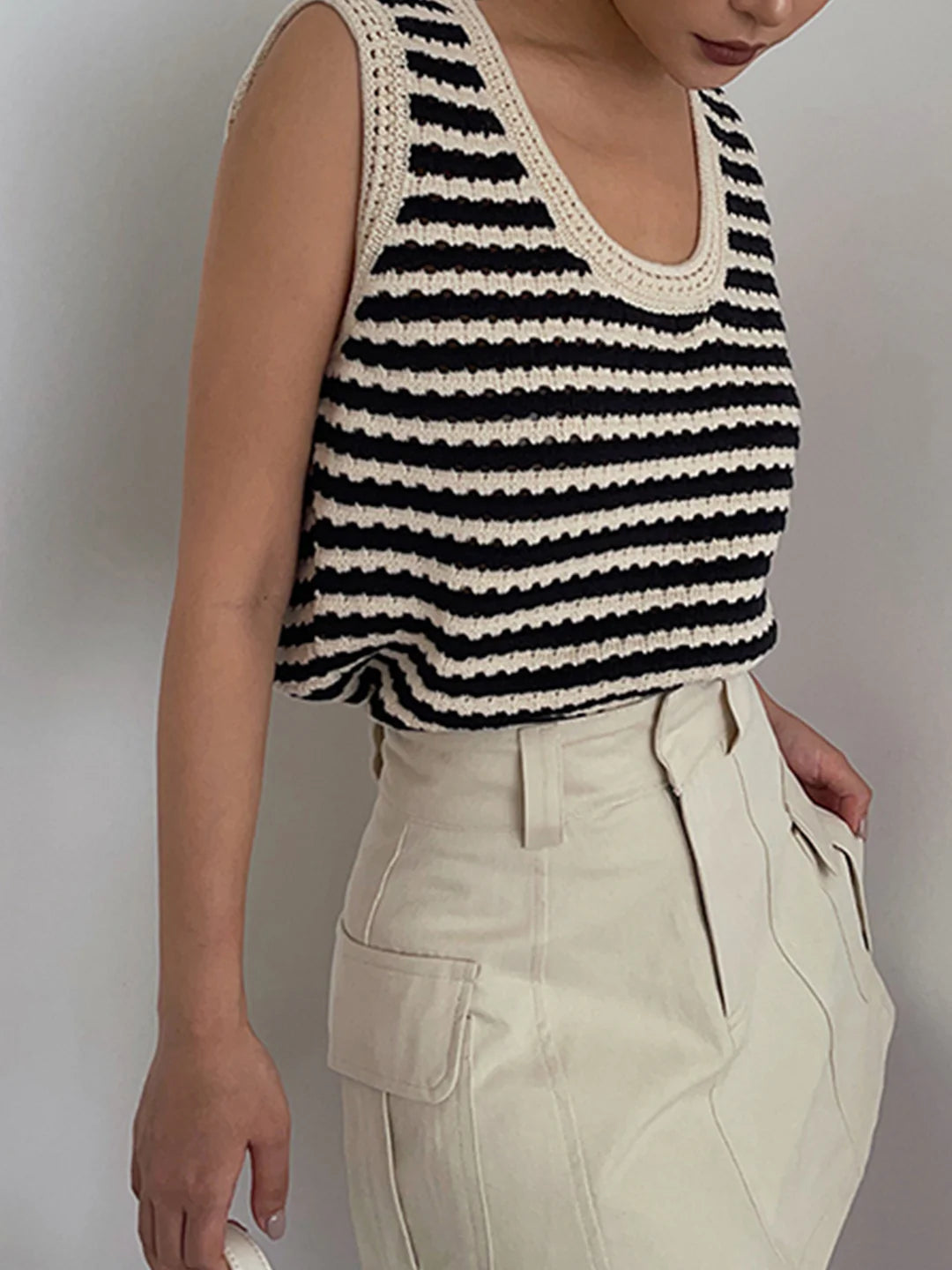 Classy Stripe Crochet Sweater Vest - LA FEMME WANDERER