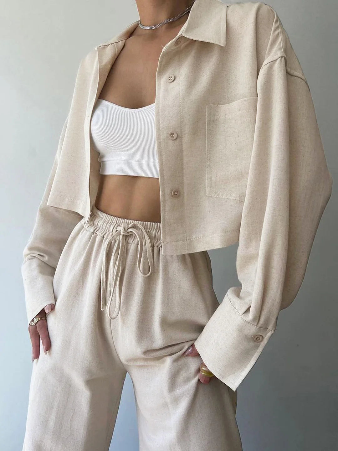 Casual Collared Drawstring Two Piece Pants Set - LA FEMME WANDERER